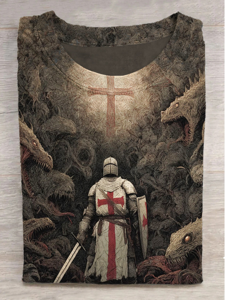 Crusader Knight and Beast Print Crew Neck Short-Sleeve T-Shirt