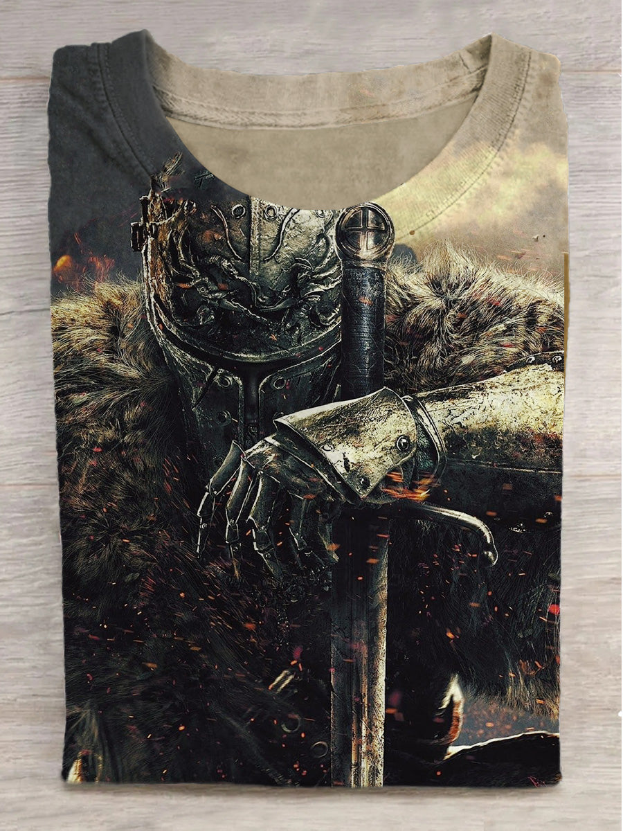 Cross Warrior Print Crew Neck Short Sleeve T-Shirt