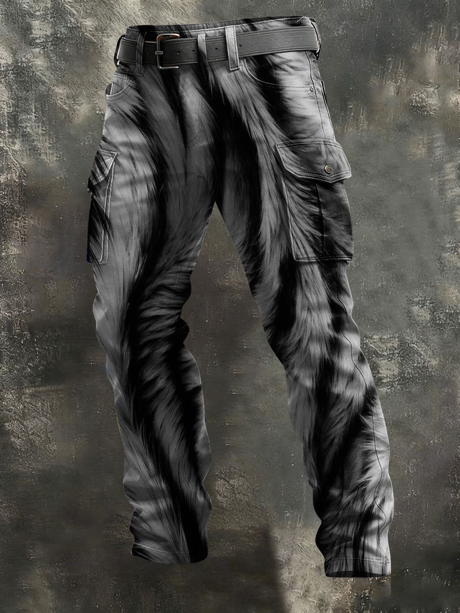 Men's White Tiger Fleece Textured Print Casual Pants