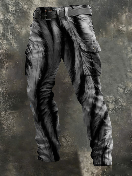 Men's White Tiger Fleece Textured Print Casual Pants