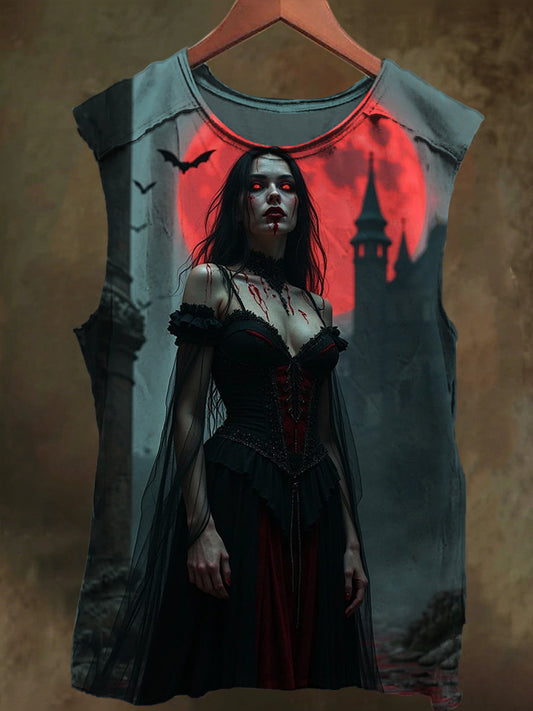 Unisex Dark Castle Vampire Print Casual Cotton Tank Top