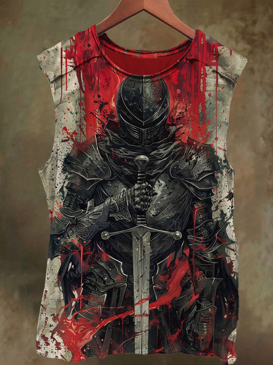 Unisex Vintage-Washed Warrior Print Casual Cotton Tank Top