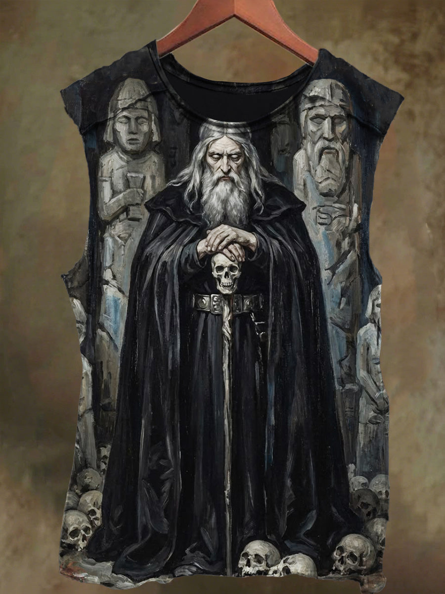 Unisex Skeleton Wizard Print Casual Cotton Tank Top