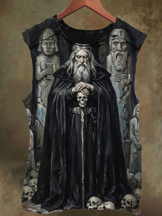 Unisex Skeleton Wizard Print Casual Cotton Tank Top