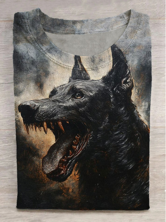 Wild Dog Print Crew Neck Short Sleeve T-Shirt