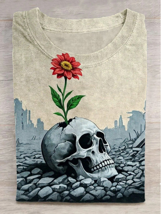 Stone Skeleton Floral Print Crew Neck Short Sleeve T-Shirt