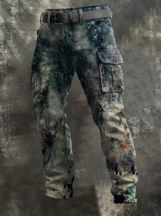 Men's Vintage-Washed Textured Print Casual Trousers