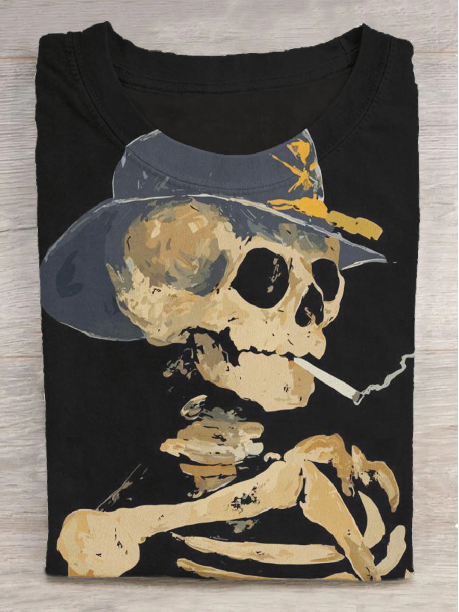 Dark Smoking Skeleton Print Crew Neck Short Sleeve T-Shirt