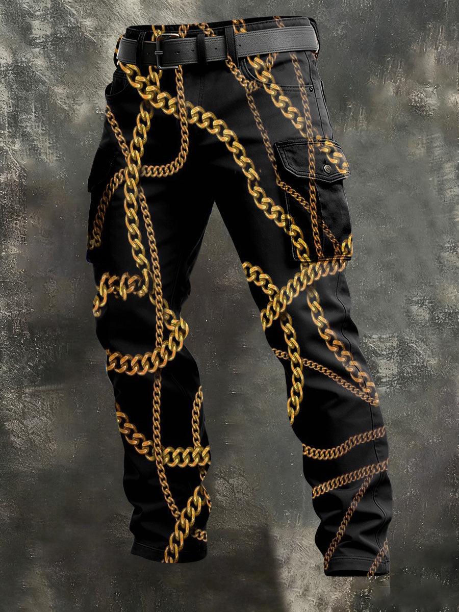 Men's Abstract Gold Chain Print Casual Trousers