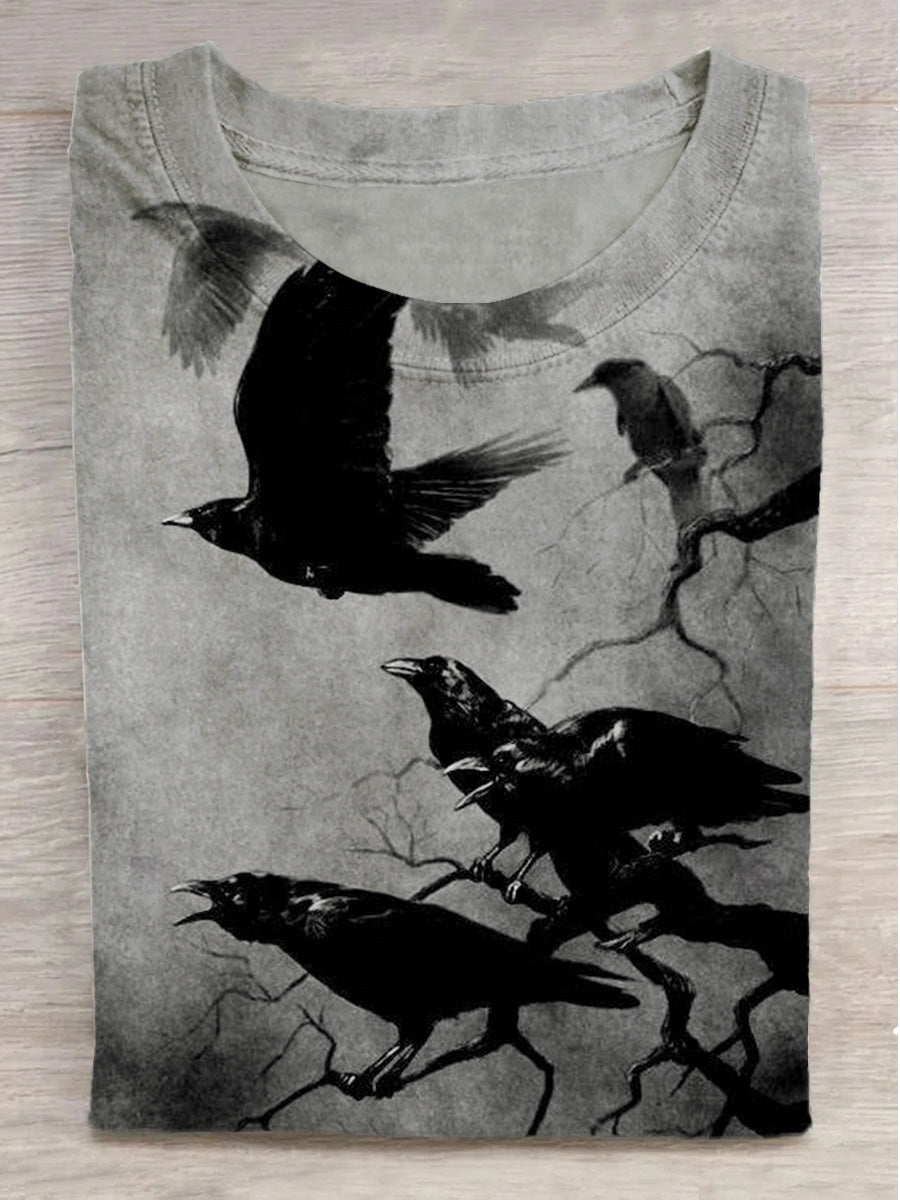 Night-Time Crow Print Crew Neck Short-Sleeve T-Shirt