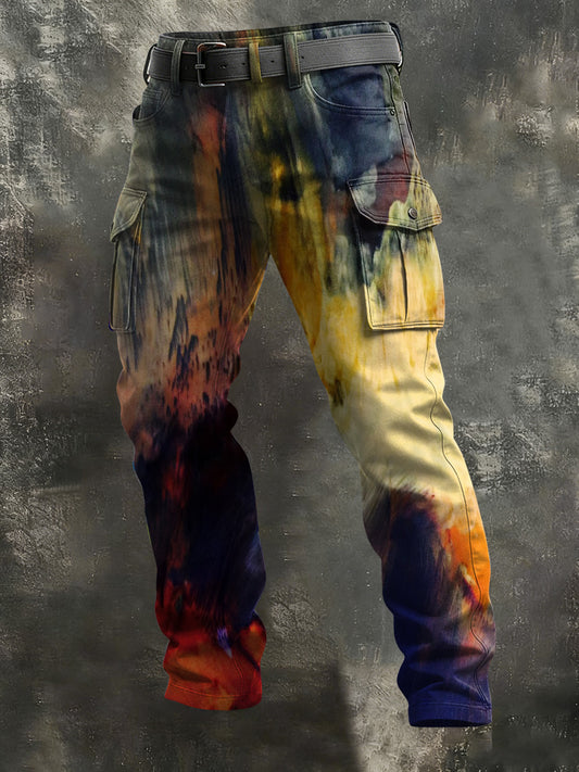 Men's Vintage Color-Blended Abstract Print Casual Trousers