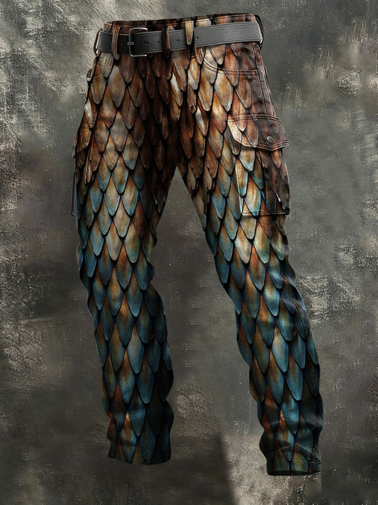 Men's Vintage-Style Color-Blocked Scale Print Casual Trousers