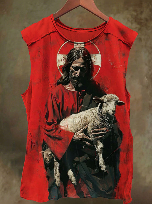 Unisex Jesus Cross Lamb Print Casual Cotton Tank Top
