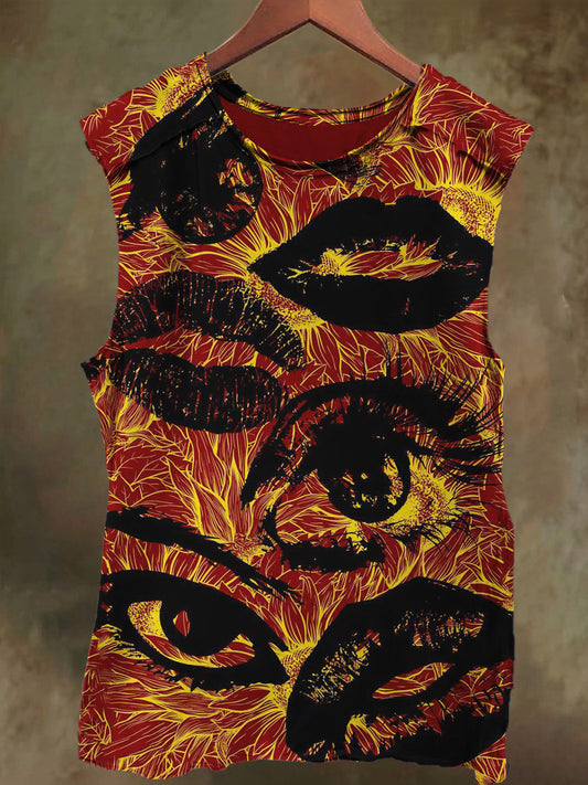 Unisex Abstract Face Doodle Print Casual Cotton Tank Top