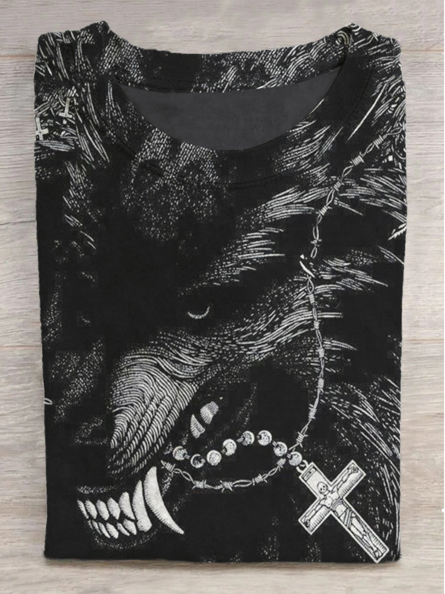 Cross-Printed Dog Graphic Crew Neck Short-Sleeve T-Shirt