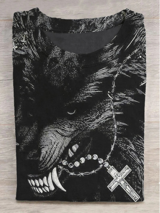 Cross-Printed Dog Graphic Crew Neck Short-Sleeve T-Shirt