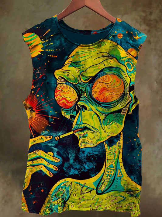 Unisex Alien Graffiti Print Casual Cotton Tank Top
