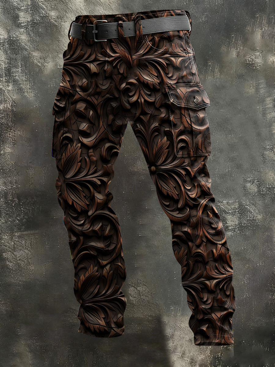 Men's Vintage Wood Grain Print Casual Trousers