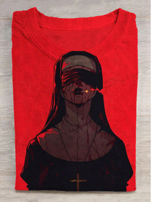 Bizarre Nun Print Crew Neck Short Sleeve T-Shirt