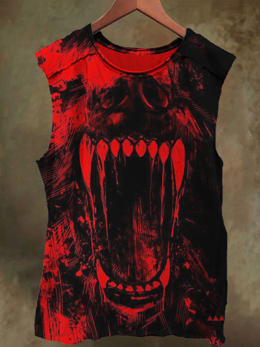 Unisex Blood-Red Wolf Fang Print Casual Cotton Tank Top