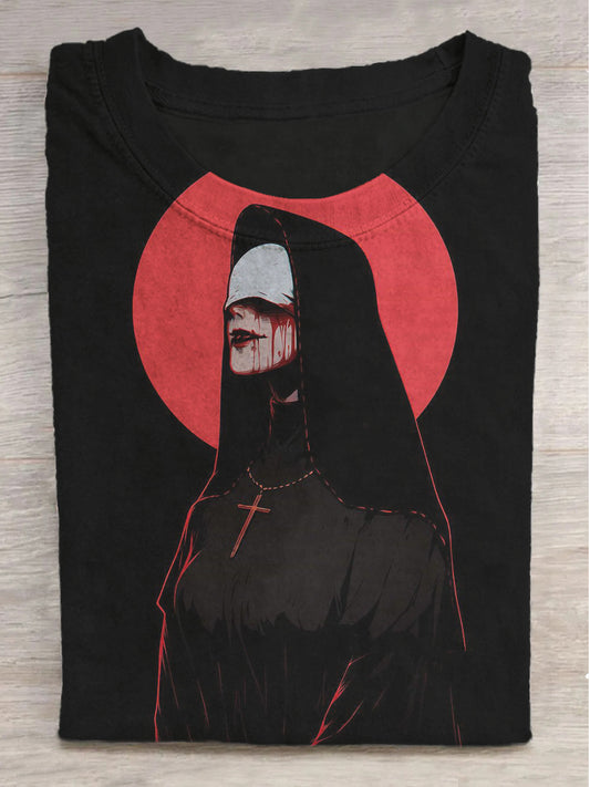 Blood-Red Nun Print Crew Neck Short-Sleeve T-Shirt