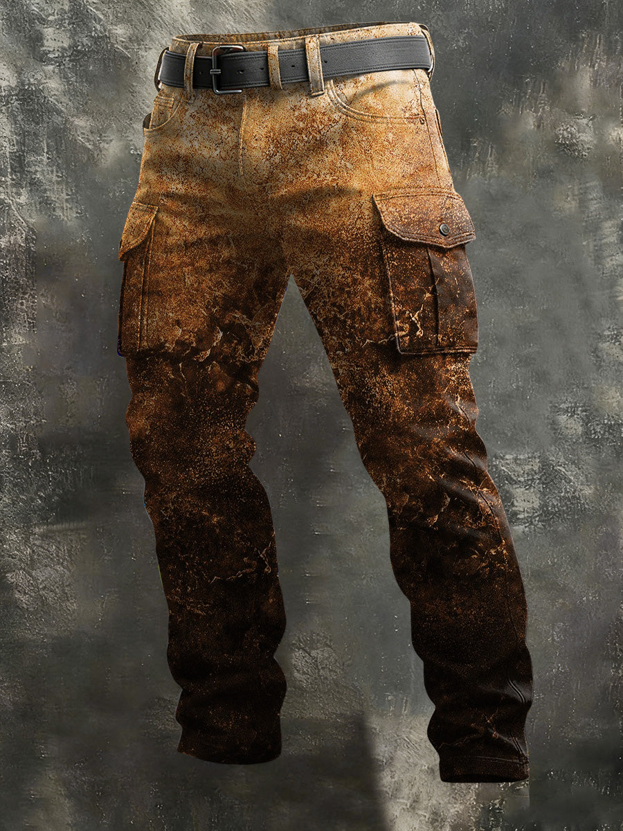 Men's Vintage-Style Distressed Rust-Print Casual Pants