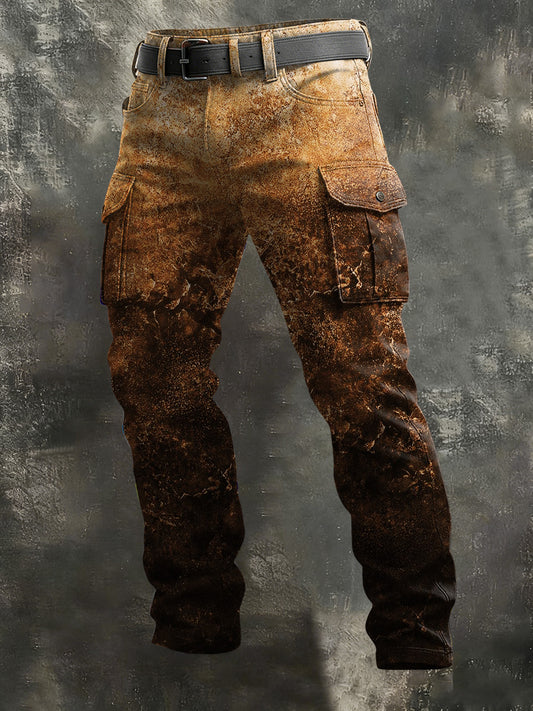 Men's Vintage-Style Distressed Rust-Print Casual Pants