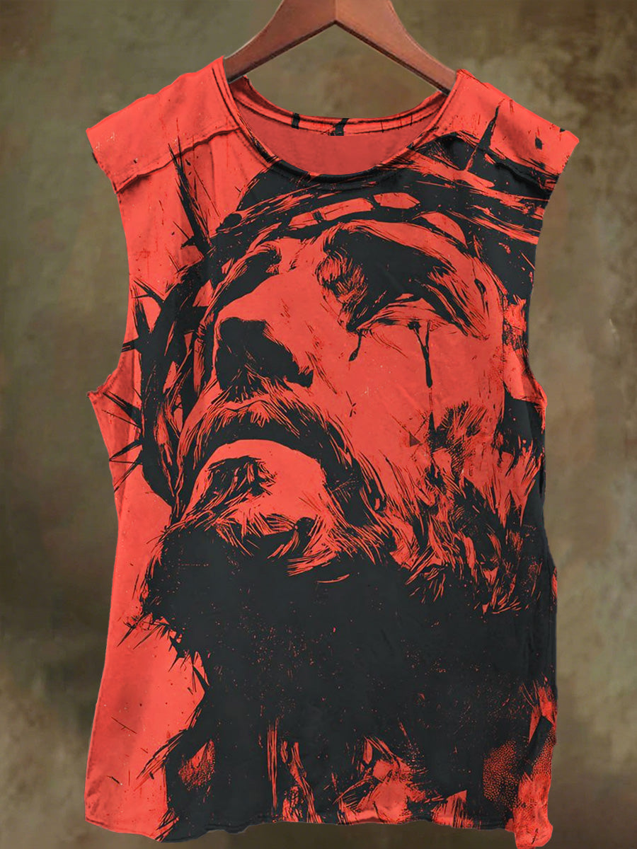 Unisex Blood-Red Jesus Print Casual Cotton Tank Top