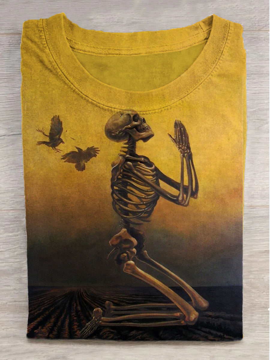 Skeleton Prayer Print Crew Neck Short Sleeve T-Shirt