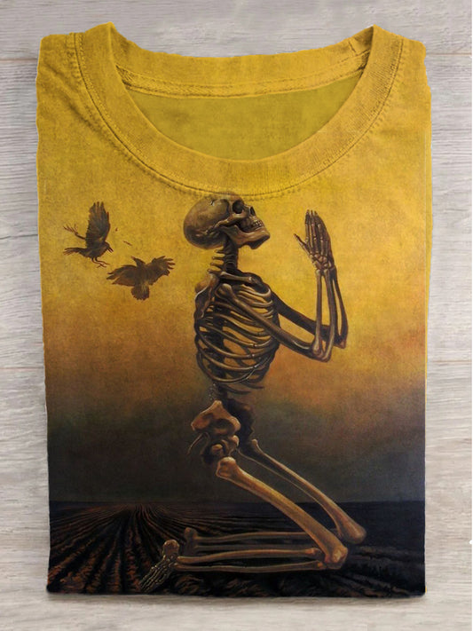 Skeleton Prayer Print Crew Neck Short Sleeve T-Shirt