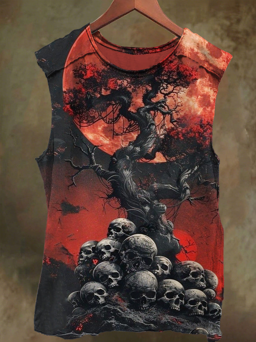 Unisex Moonlit Sunset Skull Print Casual Cotton Tank Top