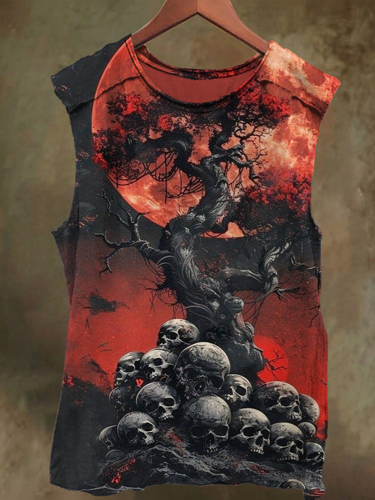 Unisex Moonlit Sunset Skull Print Casual Cotton Tank Top