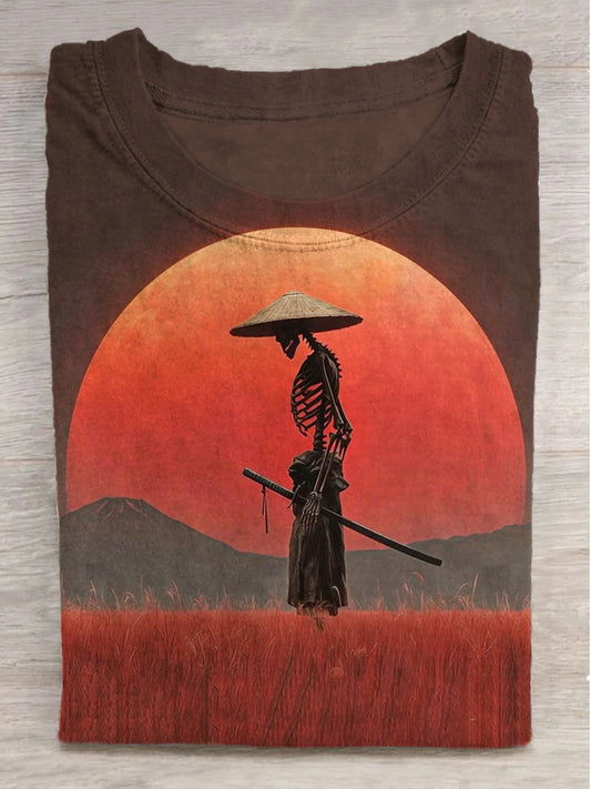 Sunset Skull Knight Printed Crew Neck Short Sleeve T-Shirt