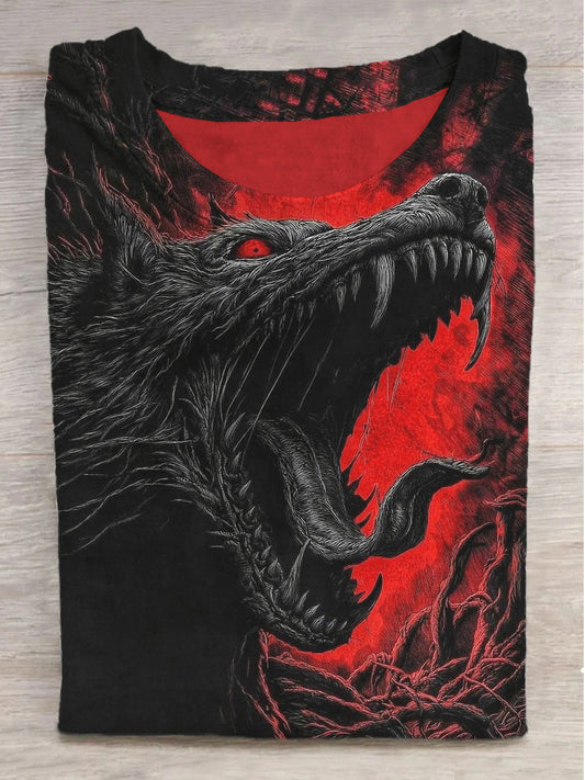 Blood Wolf Print Crew Neck Short Sleeve T-Shirt