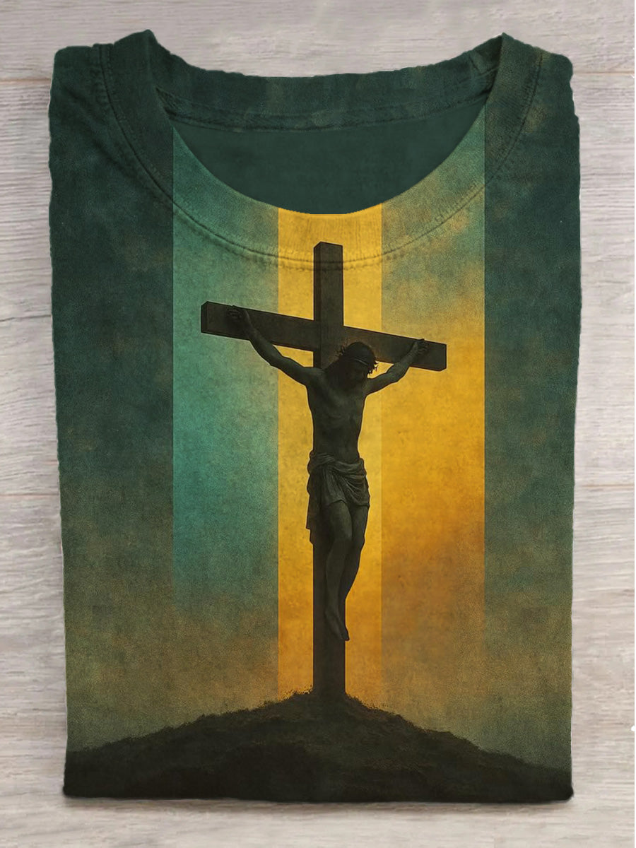 Night Sky Cross Jesus Print Crew Neck Short Sleeve T-Shirt