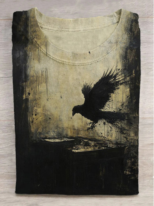 Dark Night Raven Print Crew Neck Short Sleeve T-Shirt