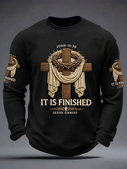 Men's He Is Risen It’s Finished Easter Jesus Christian Cross Print Casual Waffle Long Sleeve T-Shirt