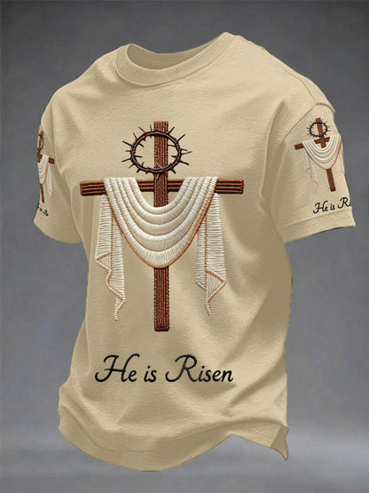 Men's He Is Risen Easter Jesus Christian Cross Print Casual Tee