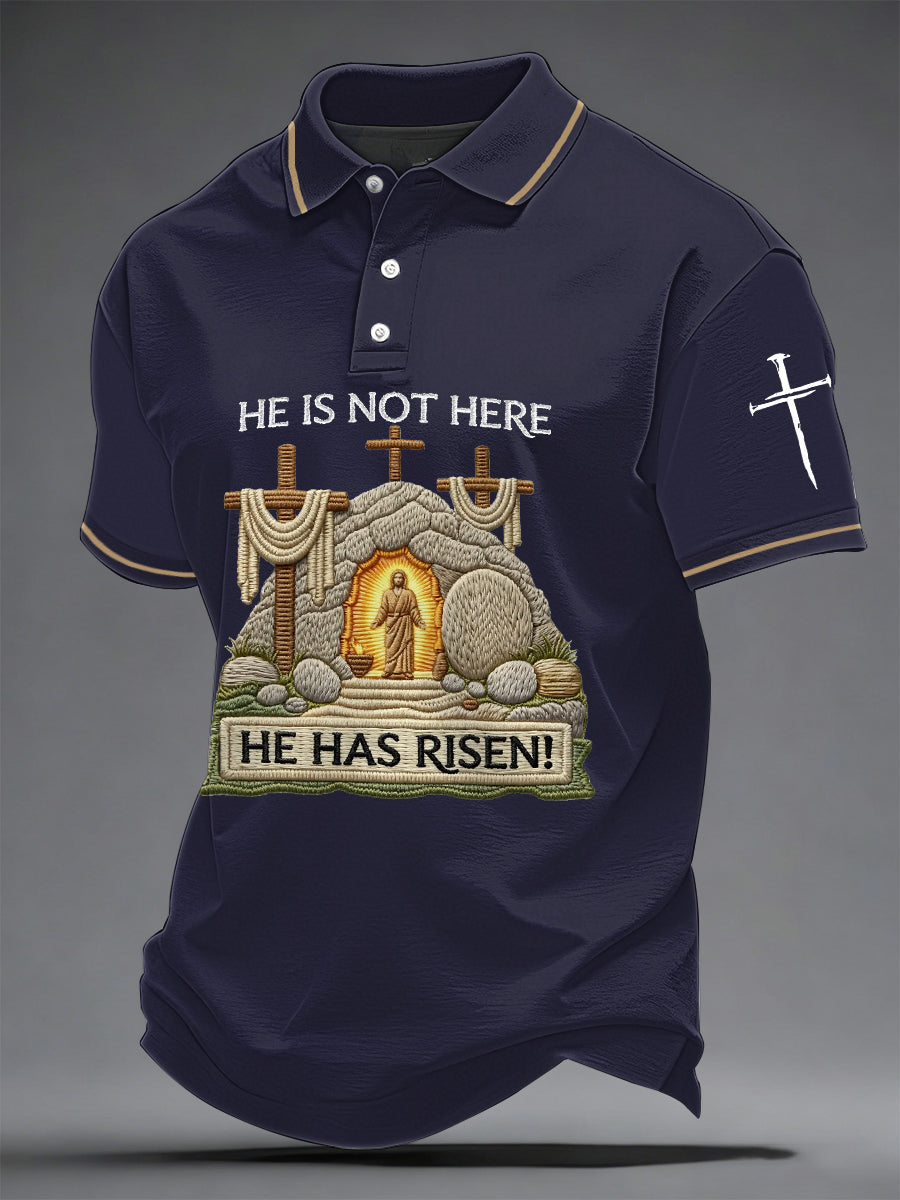 Men's He Is Not Here He Has Risen! Jesus Christian Cross Print Casual Polo