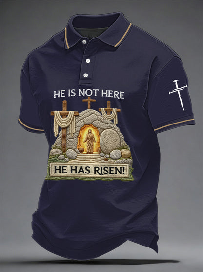 Men's He Is Not Here He Has Risen! Jesus Christian Cross Print Casual Polo