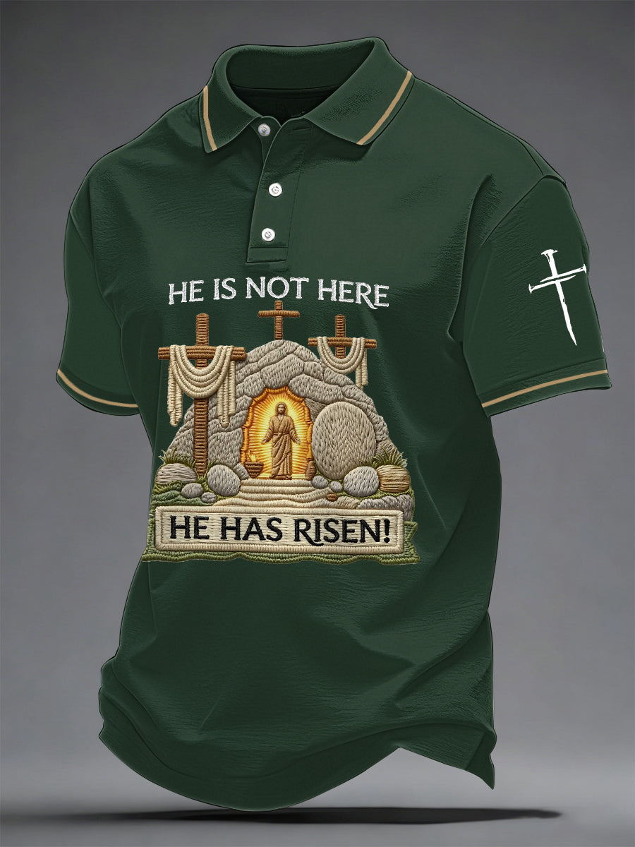 Men's He Is Not Here He Has Risen! Jesus Christian Cross Print Casual Polo