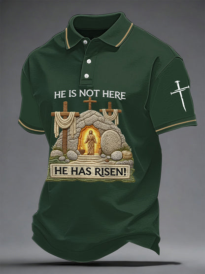 Men's He Is Not Here He Has Risen! Jesus Christian Cross Print Casual Polo