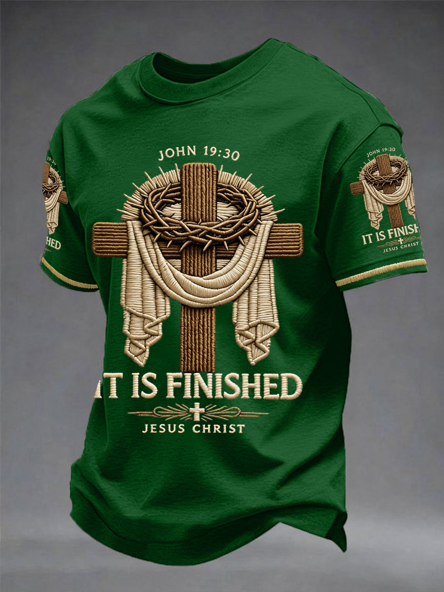 Men's He Is Risen It’s Finished Easter Jesus Christian Cross Print Casual Tee