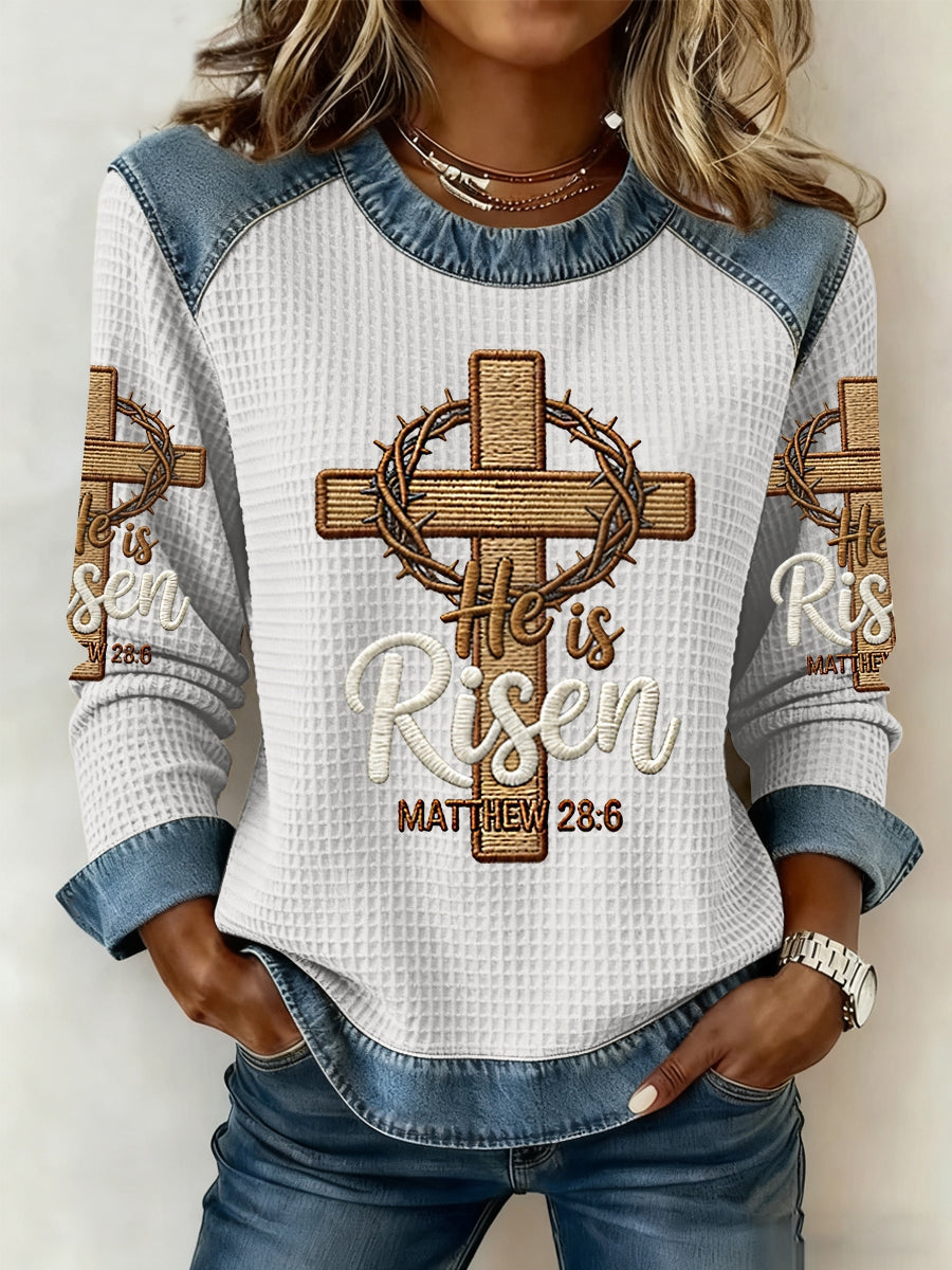 Women's He is Riser MATTHEW 28:6 Denim Patchwork Top