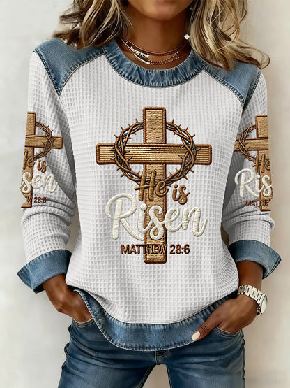 Women's He is Riser MATTHEW 28:6 Denim Patchwork Top