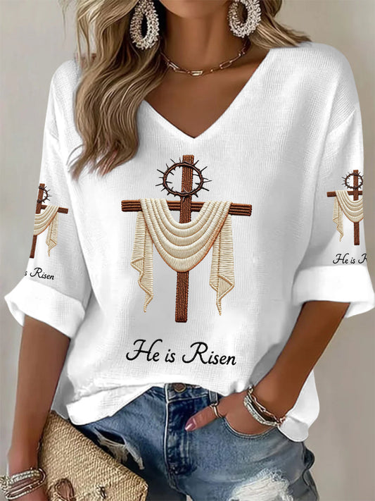 Women's  He Is Risen Jesus Christian Cross Print Waffle Long-Sleeve Top