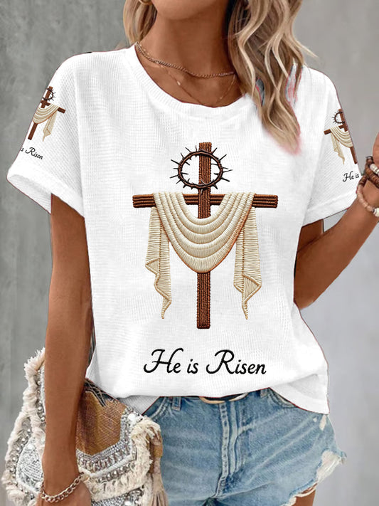 Women's He Is Risen Jesus Christian Cross Print Waffle Tee