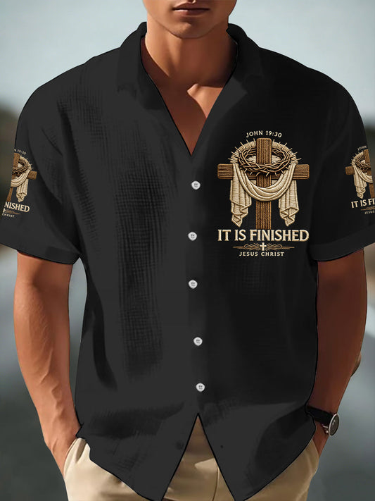 Men's  He Is Risen It’s Finished Jesus Christian Cross Print Short-Sleeve Waffle Shirt