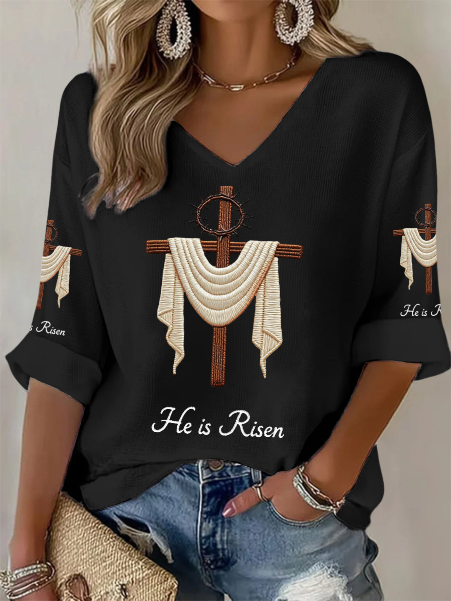 Women's  He Is Risen Jesus Christian Cross Print Waffle Long-Sleeve Top