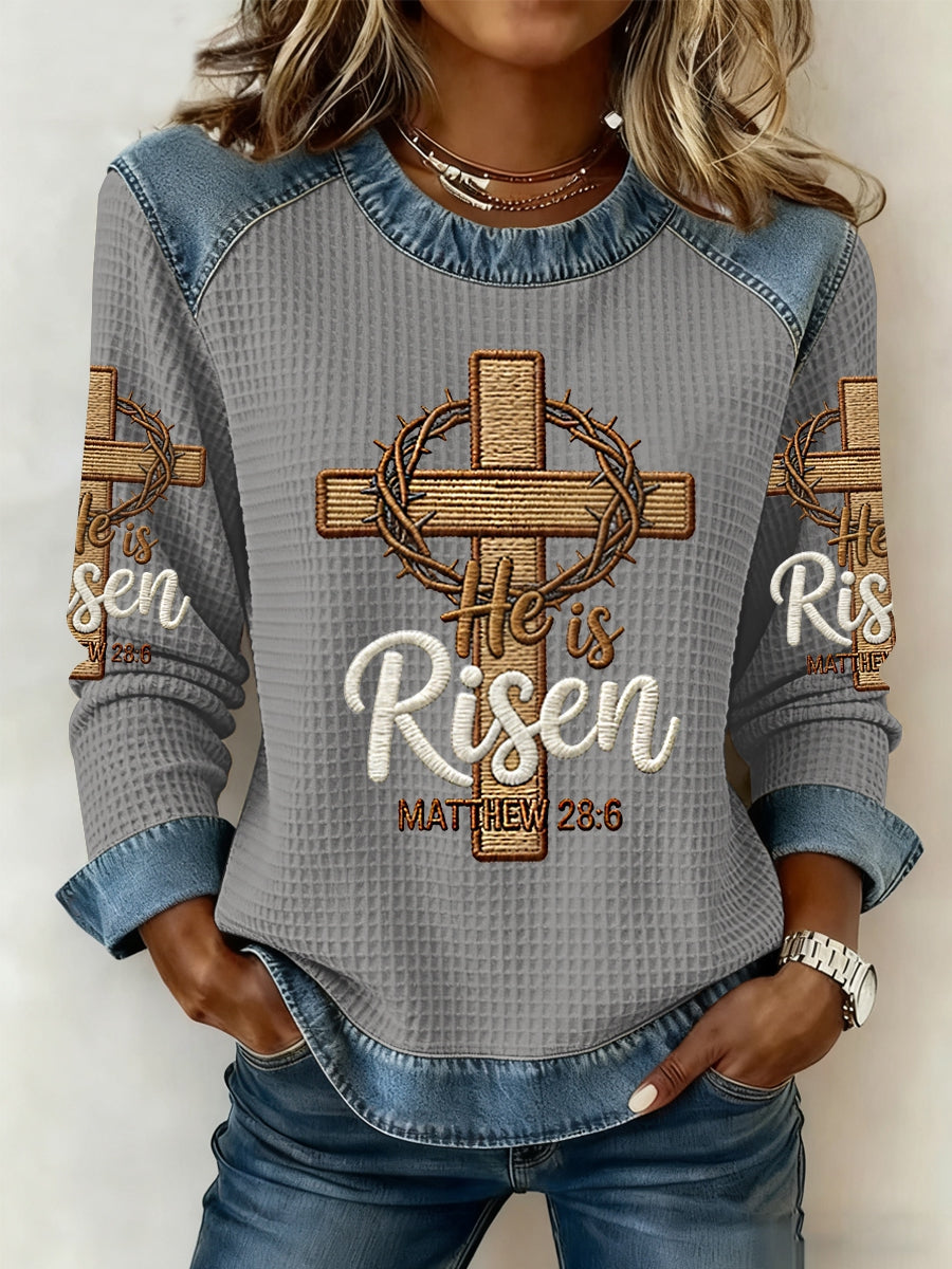 Women's He is Riser MATTHEW 28:6 Denim Patchwork Top